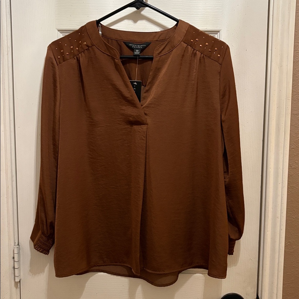 Investments Petite Rust Brown Stud-Shoulder Long Sleeve Blouse NWT